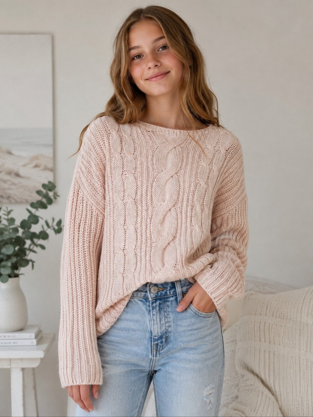 Forever 21 Blush Pink Cable Knit Sweater Women's S Chunky Fisherman Cozy Knit